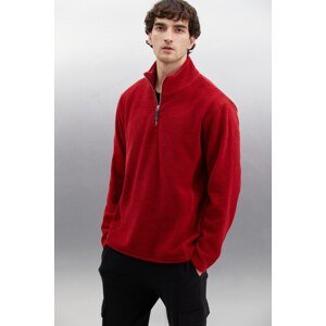 GRIMELANGE Hayes Men's Fleece Half Zipper with Leather Accessories Thick Textured Comfort Fit Claret Red Fleece