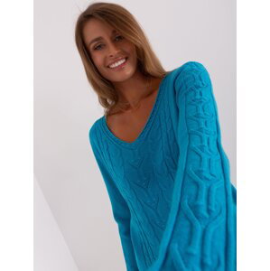 Turquoise classic sweater with cables