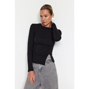 Trendyol Black Single Slit Detail Cotton Gathered Crew Neck Knitted Blouse