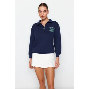 Trendyol Navy Blue Zipper Collar Embroidery Detail Regular Fit Fleece Inside Knitted Sweatshirt