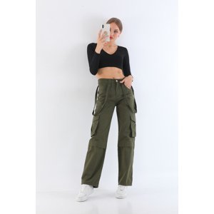 BİKELİFE Women's Khaki High Waist Multi-Pocket Strap Detail Straight Fit Cargo Pants