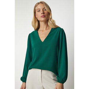 Happiness İstanbul Women's Emerald Green V-Neck Crepe Blouse