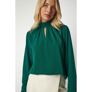 Happiness İstanbul Women's Emerald Green Window Detailed Flowy Crepe Blouse