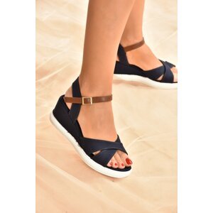 Fox Shoes Women's Navy Blue Linen Wedge Heeled Shoes K674350005