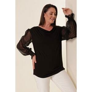 By Saygı Plunging Collar Sleeves Tulle is a Comfortable Fit Blouse Black.