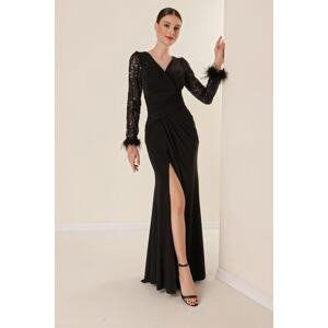 By Saygı Double-breasted Collar Draped Long Sleeves Lined Lycra Dress with Stitching Feather Detail Black