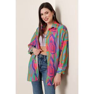 By Saygı Patterned Crepe Oversize Shirt Fuchsia