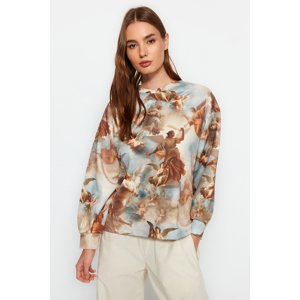 Trendyol Camel Printed Regular Stand-Up Collar Knitted Sweatshirt