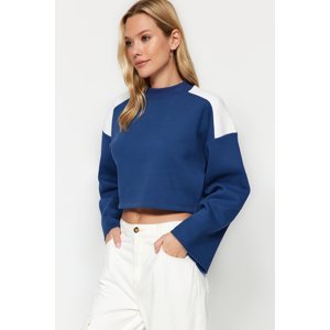 Trendyol Indigo Thick Fleece Interior Color Block Comfort Cut Crop Knitted Sweatshirt