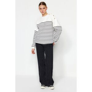 Trendyol Ecru Striped Button Detail Thicker Fleece Inside Oversized/Cromatic Knitted Sweatshirt