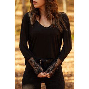 XHAN Women's Black Sleeve Lace Detailed Blouse