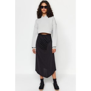Trendyol Black Draped Detailed Midi Elastic Knitted Skirt