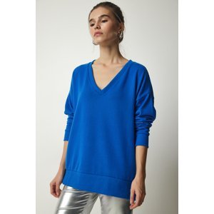 Happiness İstanbul Dámsky kobaltovo modrý mäkký pletený sveter s výstrihom do V