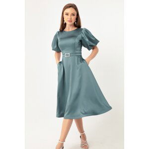 Lafaba Women's Turquoise Balloon Sleeves Stone Belted Mini Satin Evening Dress