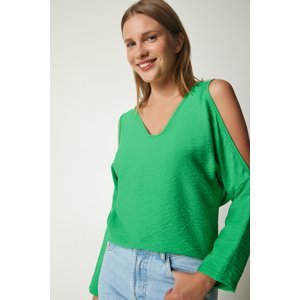 Happiness İstanbul Women's Green Off-the-Shoulder, Flowy Curtain Split Blouse