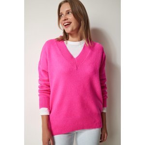 Šťastie İstanbul Dámske Fuchsia V-výstrih Oversize Pletený sveter