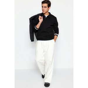 Trendyol Black Men's Oversize Buttoned Polo Collar with Striped Sleeves, Thick Pile inside, Sweatshirt.