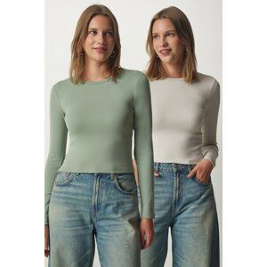 Happiness İstanbul Women's Almond Green Stone Crew Neck Wraparound 2-Pack Knitted Blouse