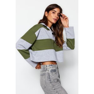 Trendyol Khaki Color Block Polo Neck Relaxed Cut Crop Thick Knitted Sweatshirt