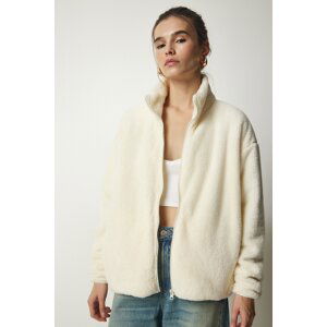 Happiness İstanbul Women's Ecru Zippered Plush Cardigan