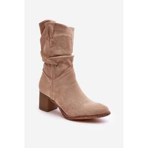 Beige shaved women's insulated boots with a gathered upper with a high heel