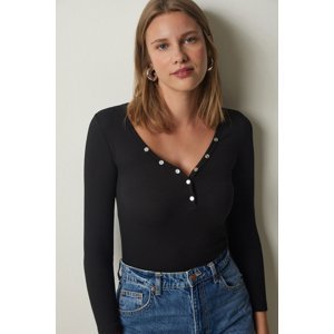 Happiness İstanbul Women's Black Button Collar Ribbed Crop Knitted Blouse
