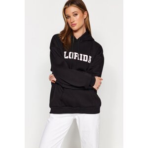 Trendyol Black Fleece City Printed Oversize/Wide Fit Hooded Knitted Sweatshirt