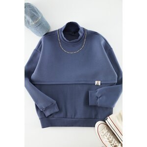 Trendyol Limited Edition Indigo Oversize/Wide Cut Labeled Fleece Thick Sweatshirt