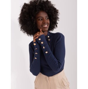 Navy blue fitted sweater with gold buttons