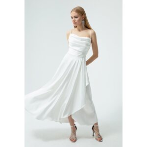 Lafaba Women's White Satin Midi Length Evening Dress &; Prom Dress with Ruffles and a Slit.