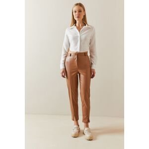 XHAN Tan Leather Look Trousers with Slits