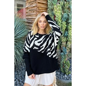 Trend Alaçatı Stili Women's Black Boat Neck Pattern Blocked Winter Sweater