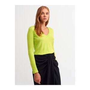Dilvin 2443 V Neck Sleeve Cuff Dropped Sweater-lime