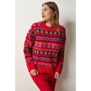 Happiness İstanbul Women's Red Patterned Wool Knitwear Sweater