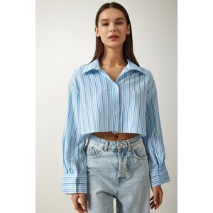 Happiness İstanbul Women's Sky Blue Striped Crop Cotton Woven Shirt