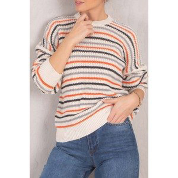 armonika Women's Gray Striped Thessaloniki Knitted Sweater with Elastic Sleeves and Waist