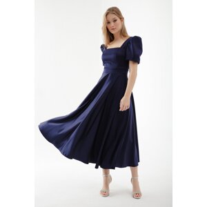 Lafaba Women's Navy Blue Square Neck Balloon Sleeve Midi Evening Dress