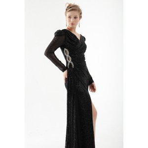 Lafaba Women's Black Double Breasted Neck Sequined Long Stone Evening Dress