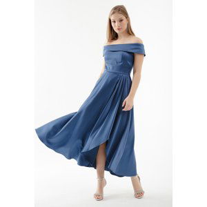 Lafaba Women's Indigo Boat Neck Midi Satin Evening Dress