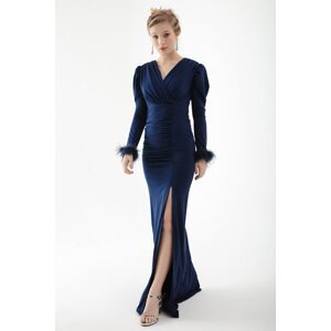 Lafaba Women's Navy Blue Double Breasted Collar Sleeves Feather Slit Evening Dress