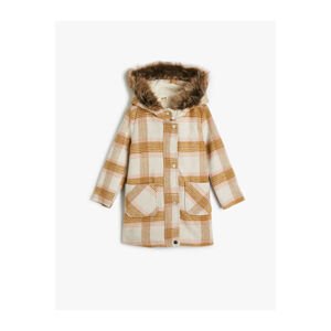 Koton Oversize Coat Hooded Faux Fur Detail Snap Snap Flap Pocket