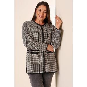 By Saygı Zigzag Patterned Plus Size Knitwear Cardigan with Pockets with Metal Buttons on the Front