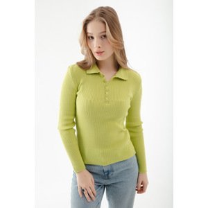 Lafaba Women's Peanut Green Polo Neck Ribbed Knitwear Sweater