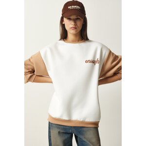 Happiness İstanbul Women's White Biscuit Block Colored Raised Sweatshirt