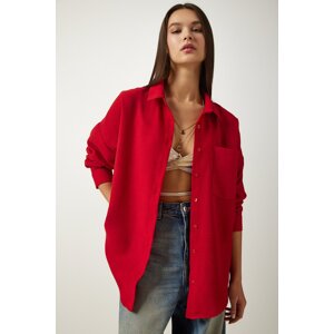 Happiness İstanbul Women's Red Oversize Linen Ayrobin Shirt