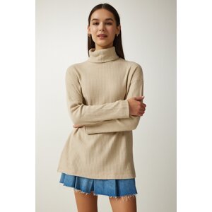 Happiness İstanbul Women's Beige Turtleneck Ribbed Oversize Knitted Blouse
