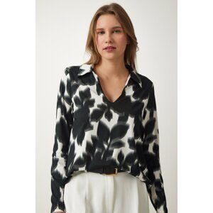 Happiness İstanbul Women's Black and White Polo Neck Patterned Knitted Blouse