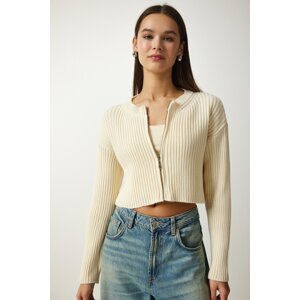 Happiness İstanbul Women's Cream Zippered Ribbed Crop Knitwear Cardigan