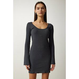 Happiness İstanbul Women's Gray Boat Neck Ribbed Saran Knitted Dress