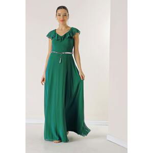 By Saygı Flounce Collar Waist Belt Lined Long Chiffon Dress